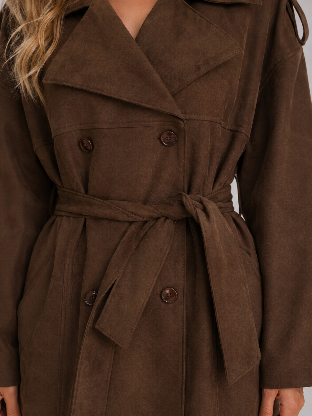 Suede Look Trench Coat – Belted Long Double-Breasted Style