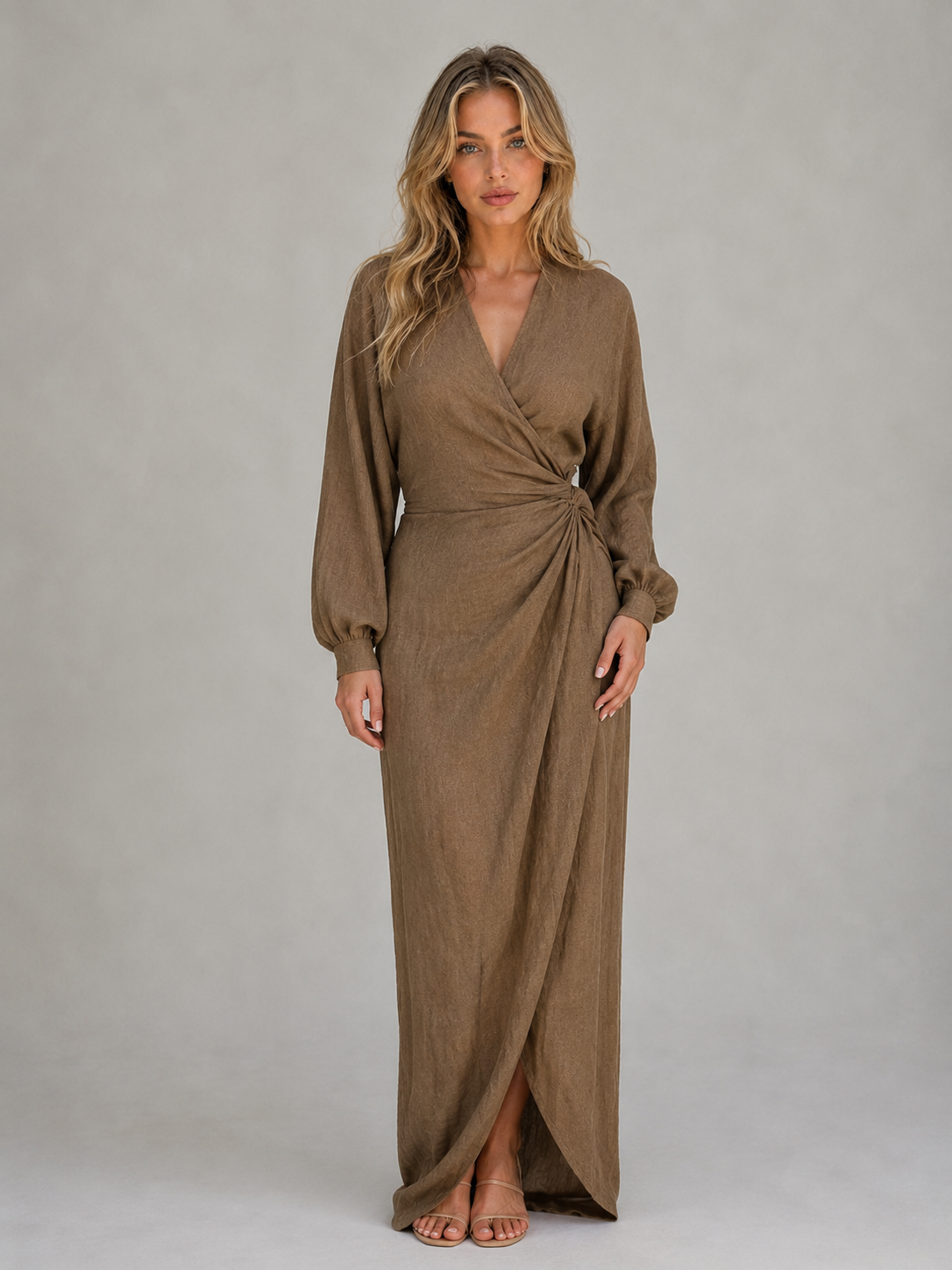 Flattering Wrap Maxi Dress – V-Neck Ruched Long Sleeve