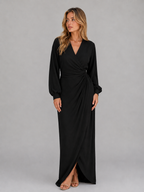 Flattering Wrap Maxi Dress – V-Neck Ruched Long Sleeve