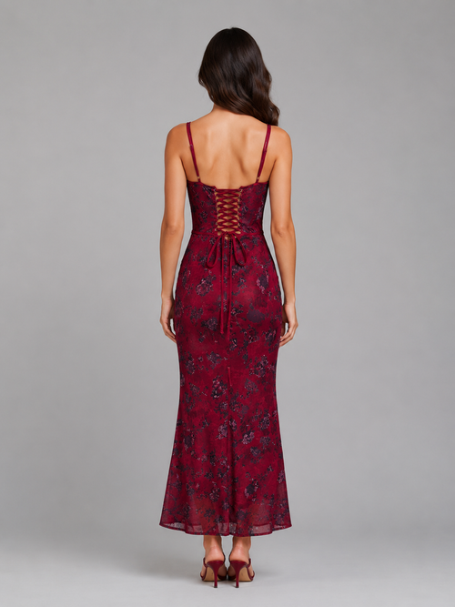Women's Floral Corset Maxi Dress – Lace-Up Back Gown