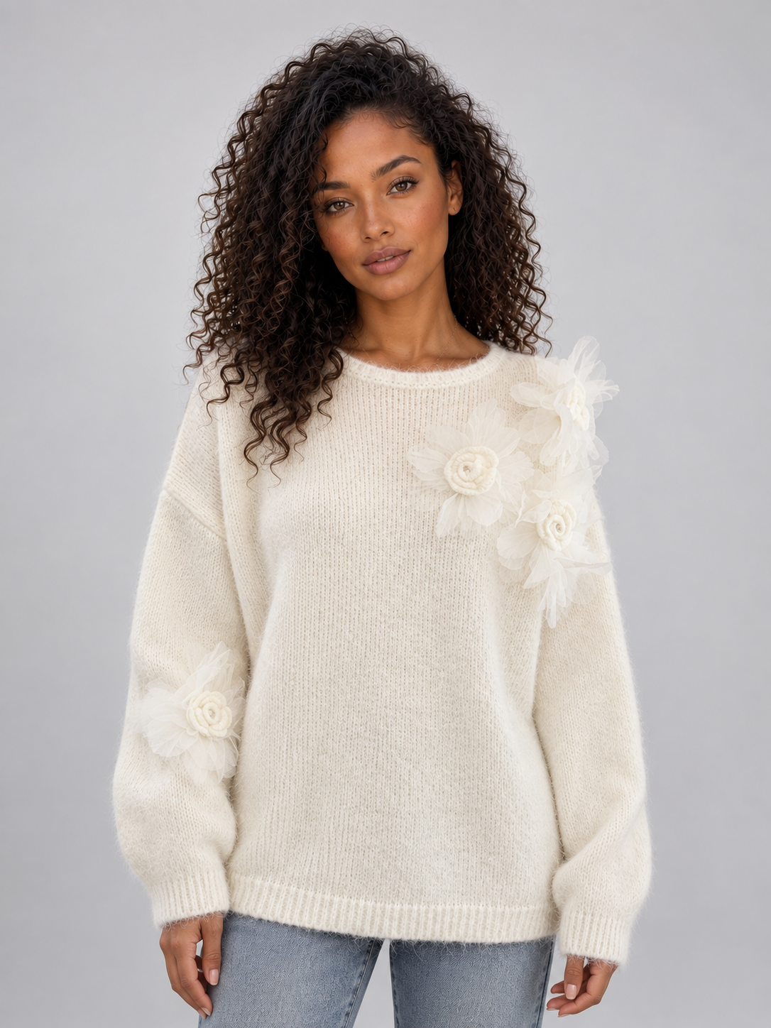 Floral Knit Jumper – Crew Neck Long Sleeve Sweater with 3D Flower Detail
