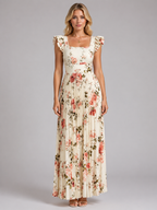 Floral Pleated Maxi Dress – Ruffle Sleeve