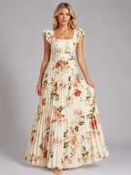 Floral Pleated Maxi Dress – Ruffle Sleeve