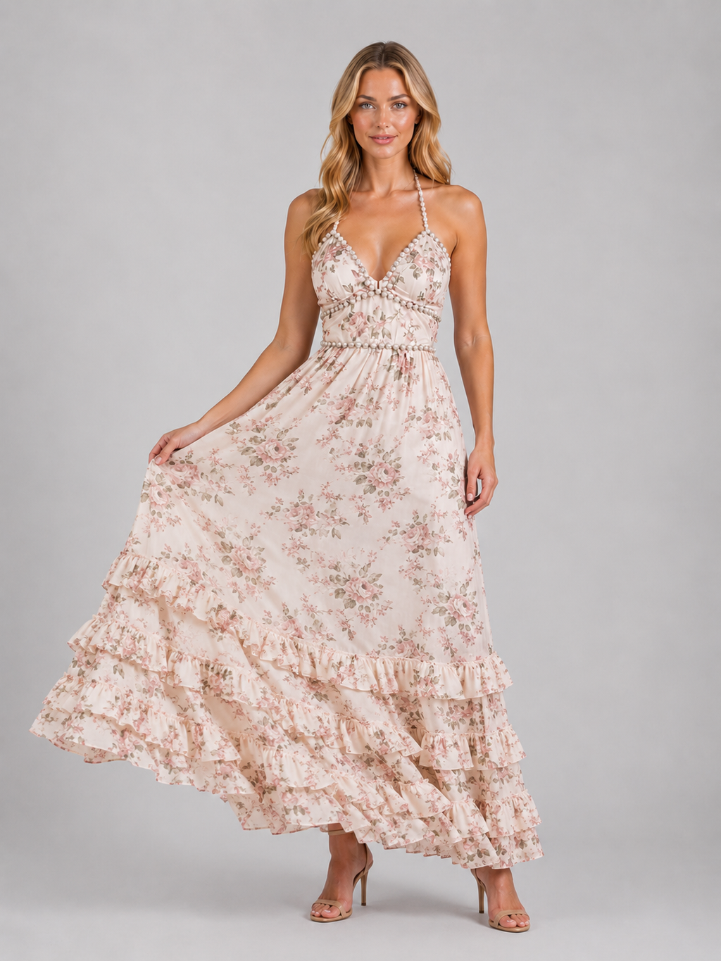 Women's Beaded Halter Maxi Dress