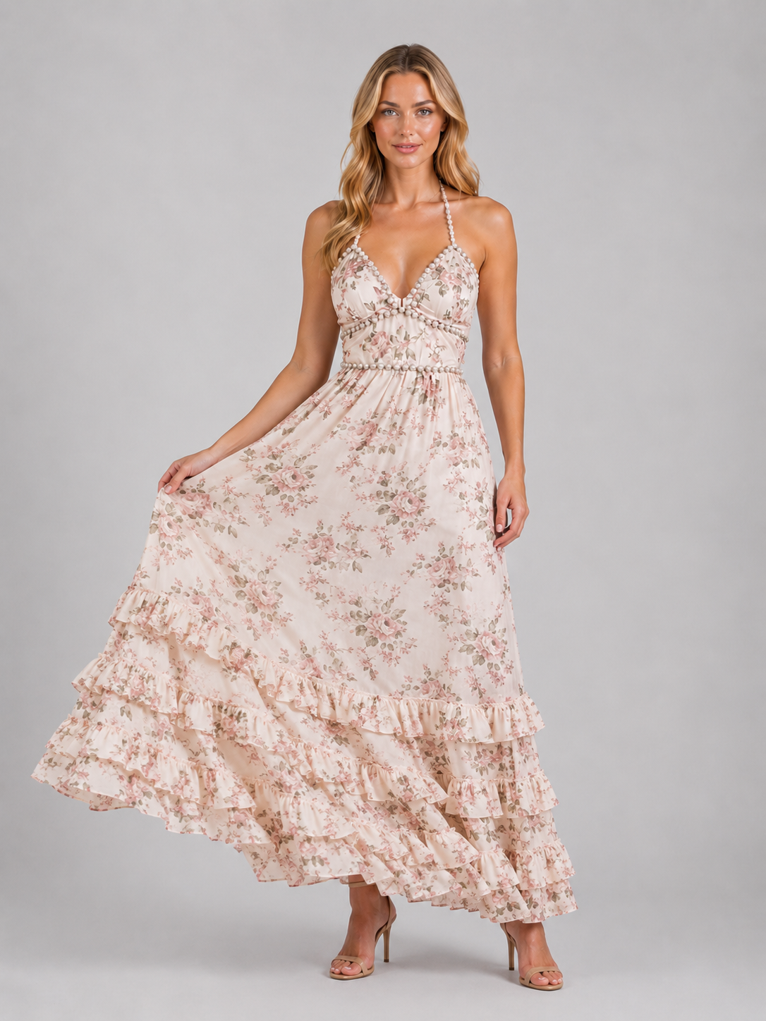Women's Beaded Halter Maxi Dress