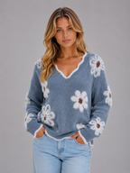 Floral V-Neck Jumper – Soft Knit Casual Pullover
