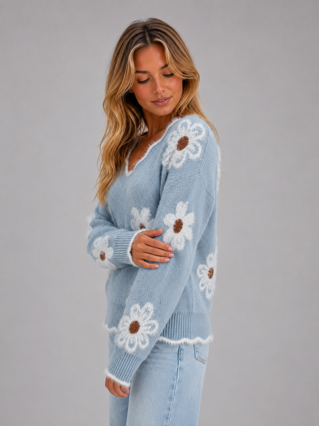 Floral V-Neck Jumper – Soft Knit Casual Pullover