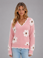 Floral V-Neck Jumper – Soft Knit Casual Pullover