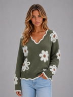 Floral V-Neck Jumper – Soft Knit Casual Pullover