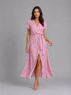 Floral Wrap Tie Waist Midi Dress