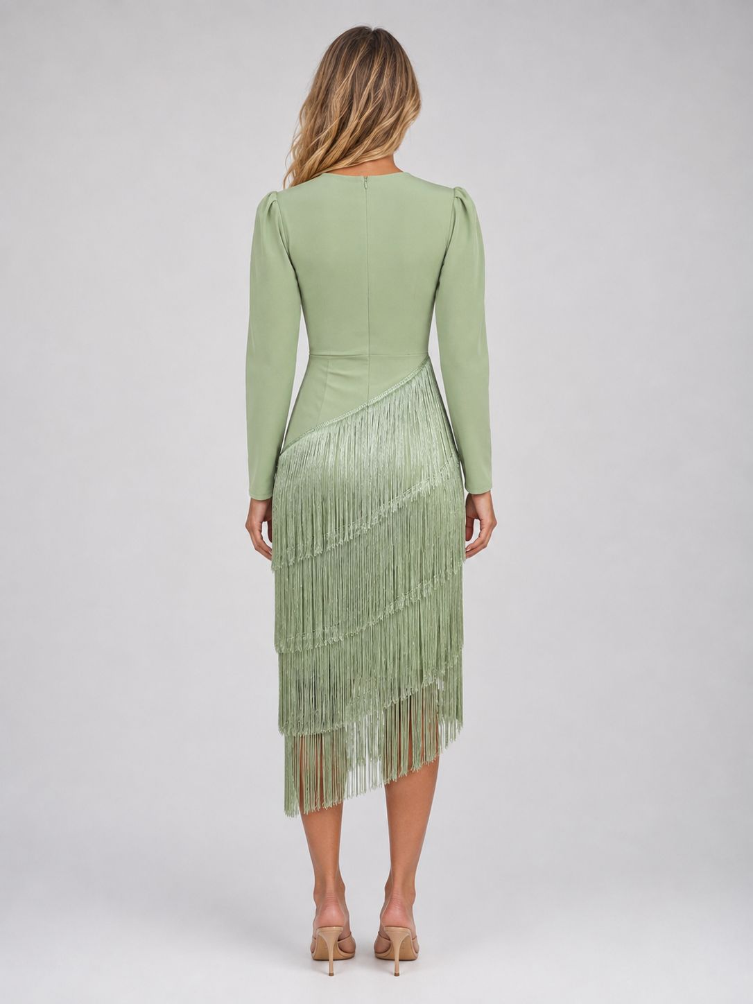 Fringe Midi Occasion Dress – Long Sleeve Eveningwear