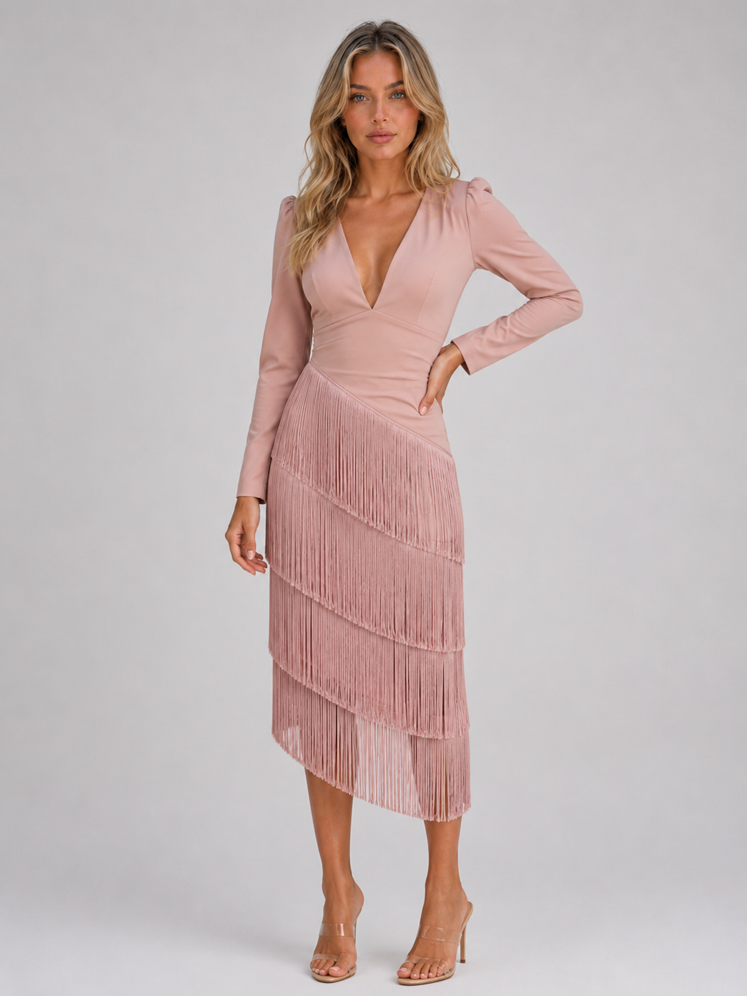 Fringe Midi Occasion Dress – Long Sleeve Eveningwear
