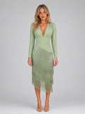 Fringe Midi Occasion Dress – Long Sleeve Eveningwear