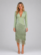 Fringe Midi Occasion Dress – Long Sleeve Eveningwear