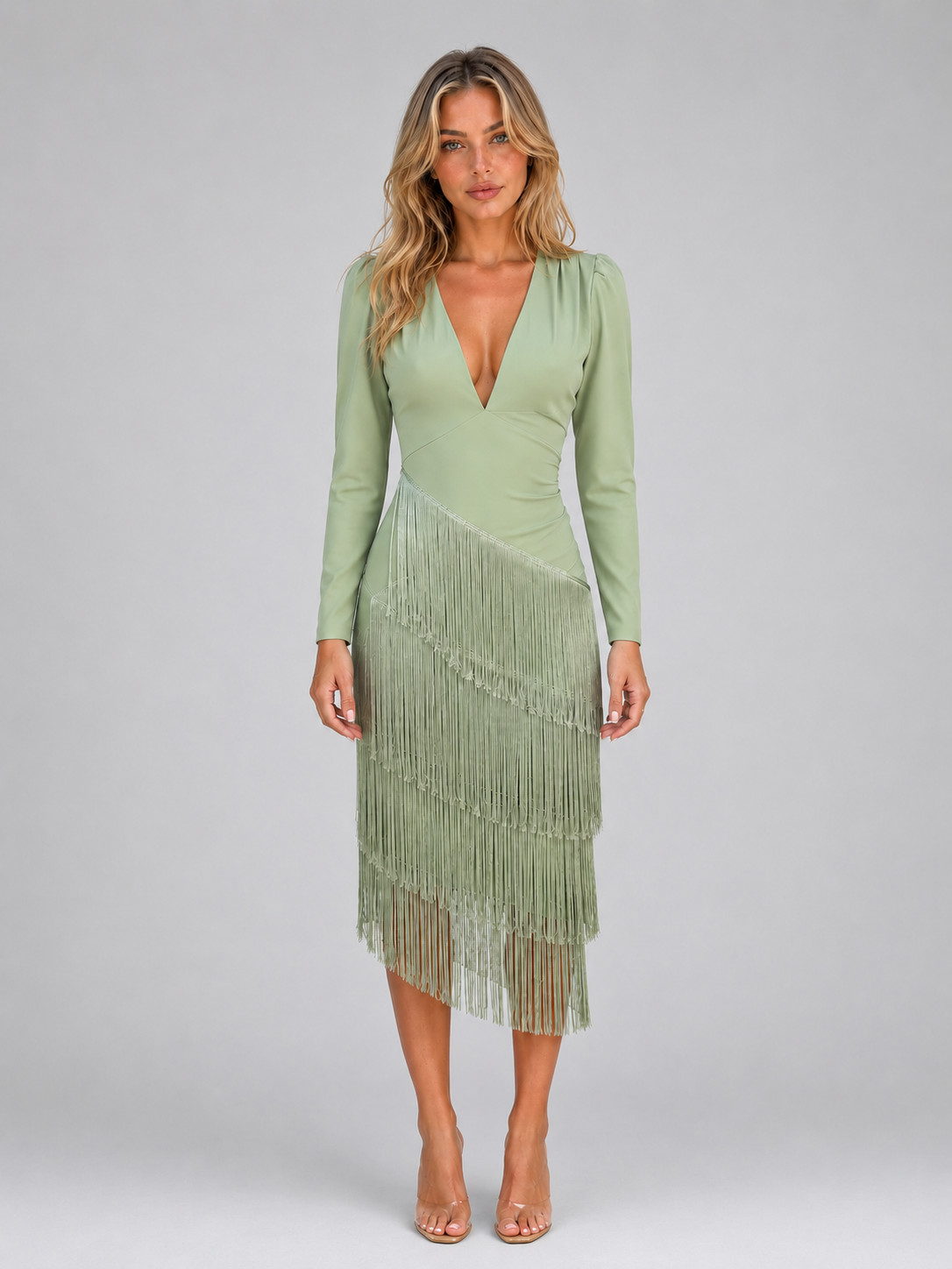 Fringe Midi Occasion Dress – Long Sleeve Eveningwear