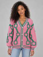 Geometric Pattern V-Neck Cardigan – Button Front Knitted Jumper