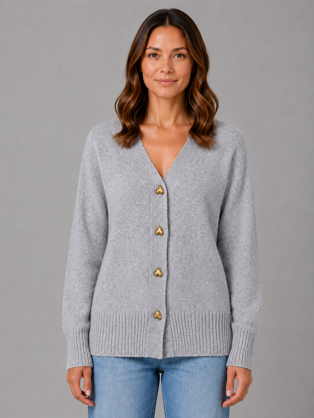 Heart Button Cardigan – Soft Knit V-Neck Button-Up Style