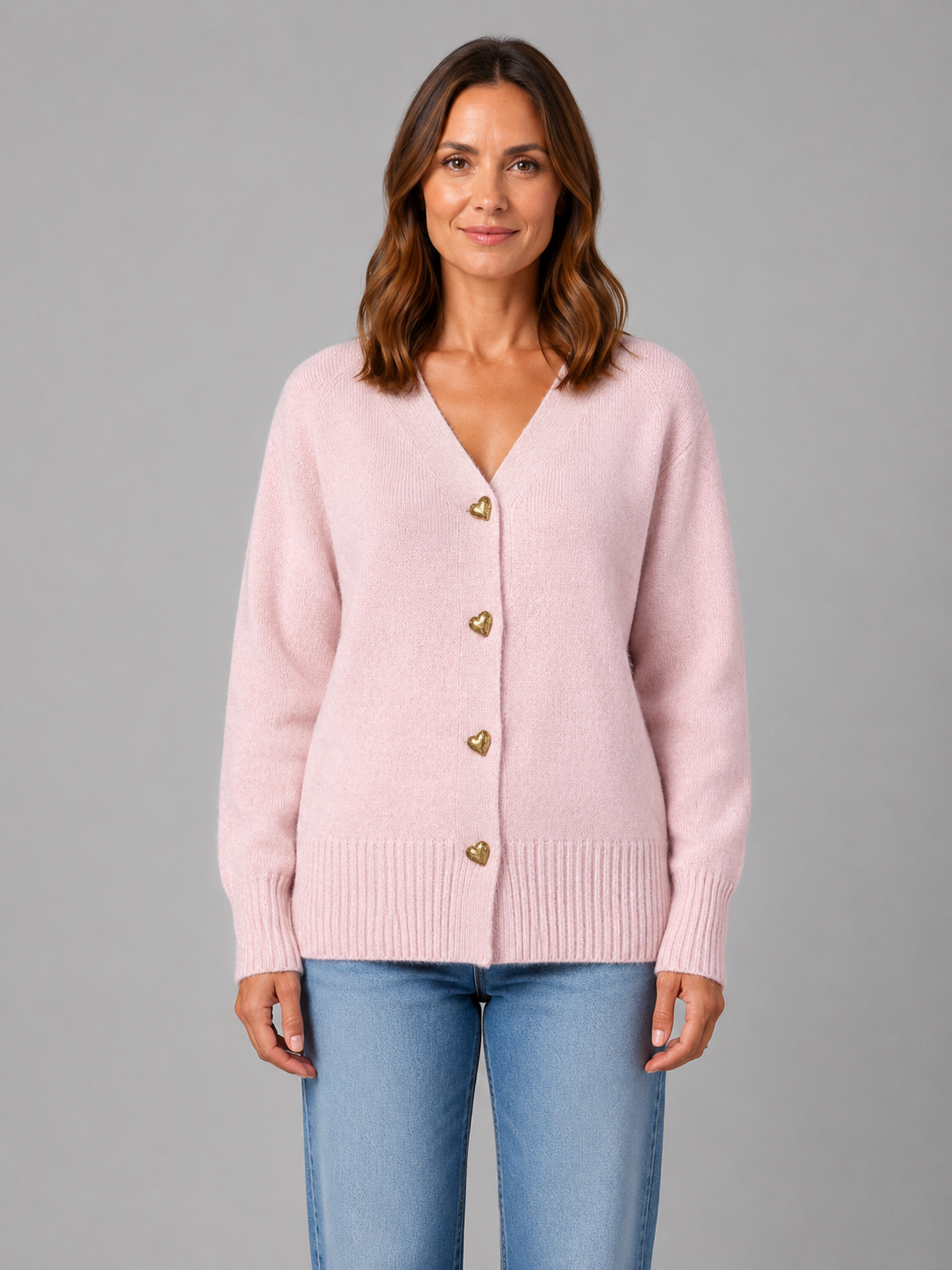 Heart Button Cardigan – Soft Knit V-Neck Button-Up Style