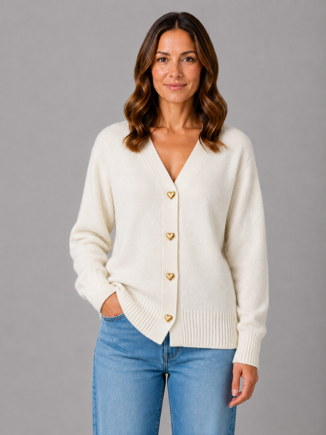 Heart Button Cardigan – Soft Knit V-Neck Button-Up Style