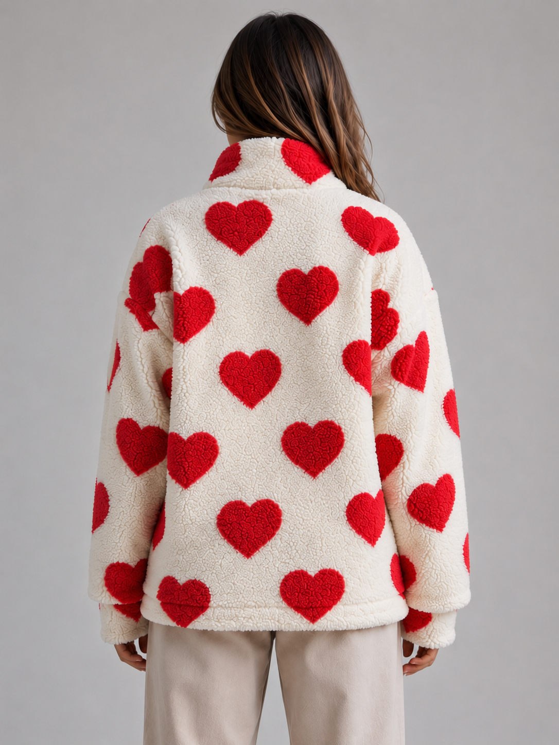 Heart Print Teddy Fleece Jacket – Zip Up Relaxed Fit Sherpa
