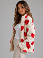 Heart Print Teddy Fleece Jacket – Zip Up Relaxed Fit Sherpa