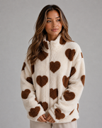 Heart Print Teddy Fleece Jacket – Zip Up Relaxed Fit Sherpa