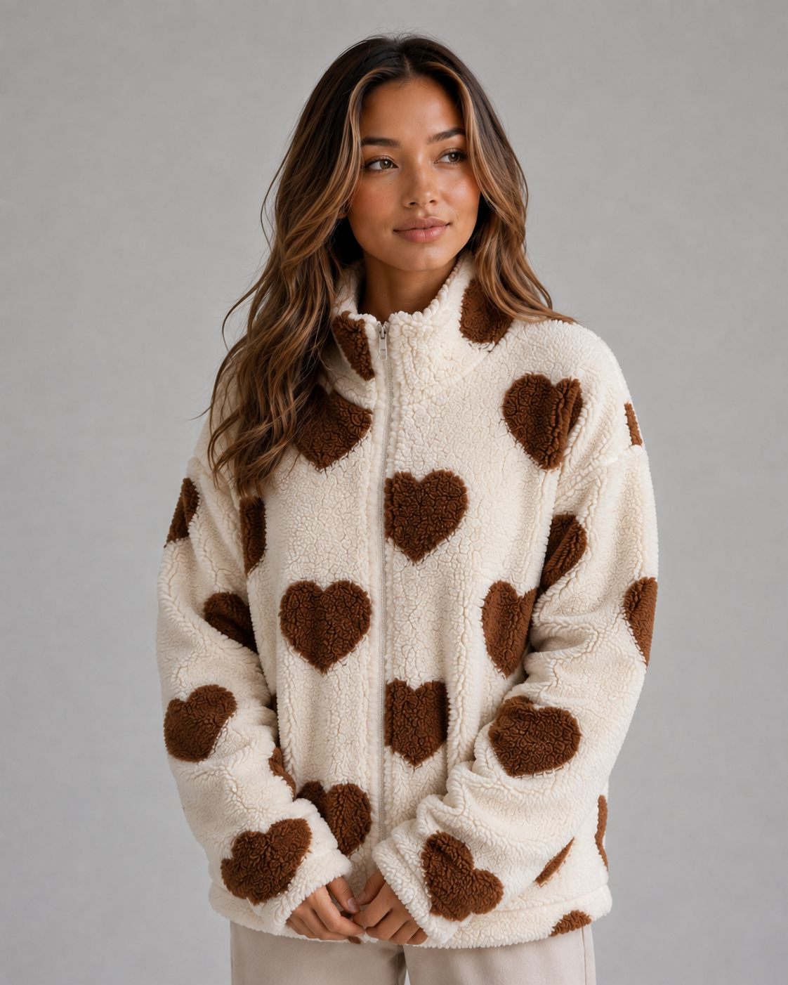 Heart Print Teddy Fleece Jacket – Zip Up Relaxed Fit Sherpa