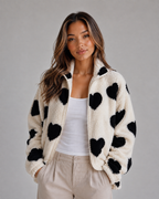 Heart Print Teddy Fleece Jacket – Zip Up Relaxed Fit Sherpa