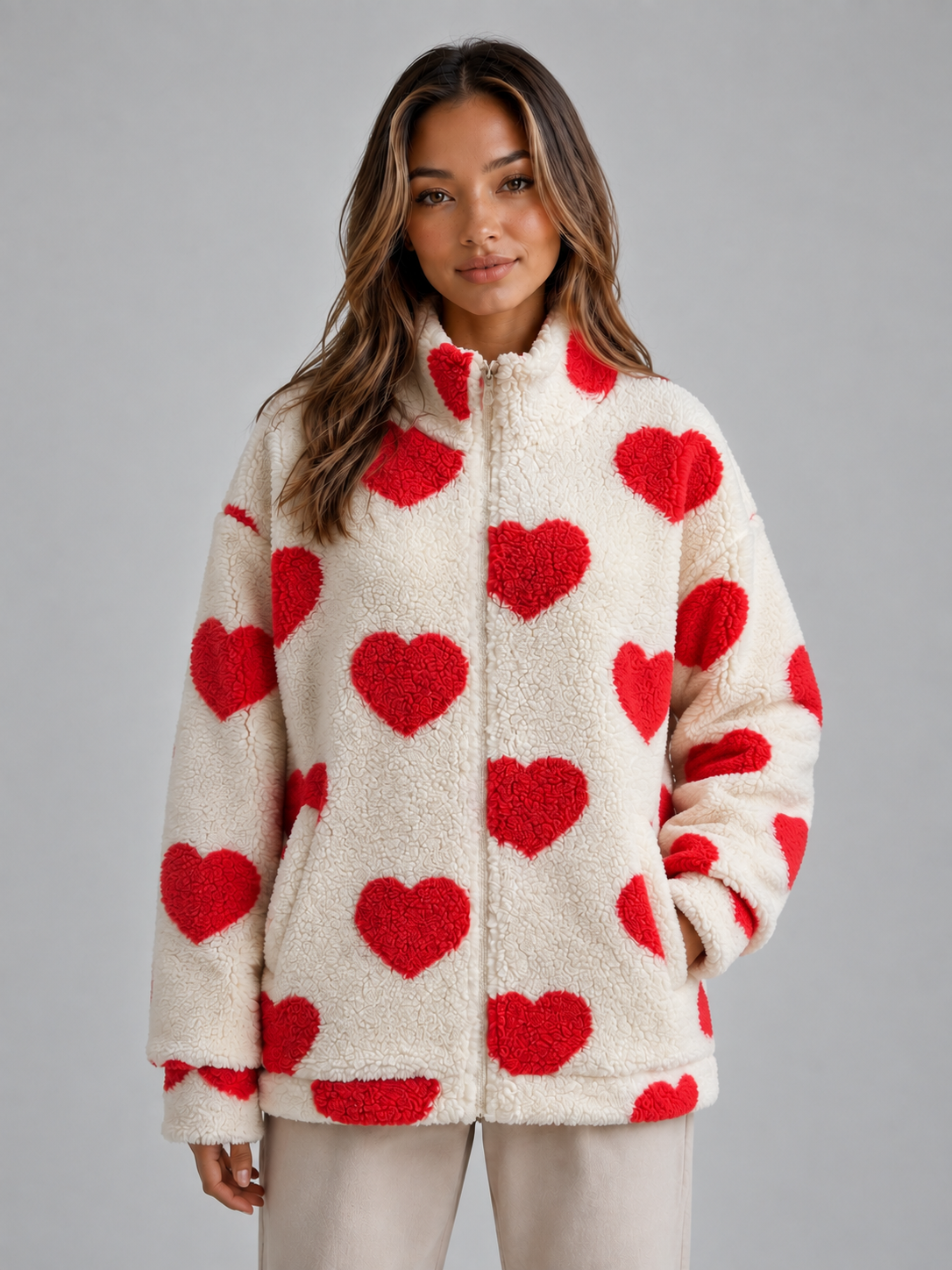 Heart Print Teddy Fleece Jacket – Zip Up Relaxed Fit Sherpa