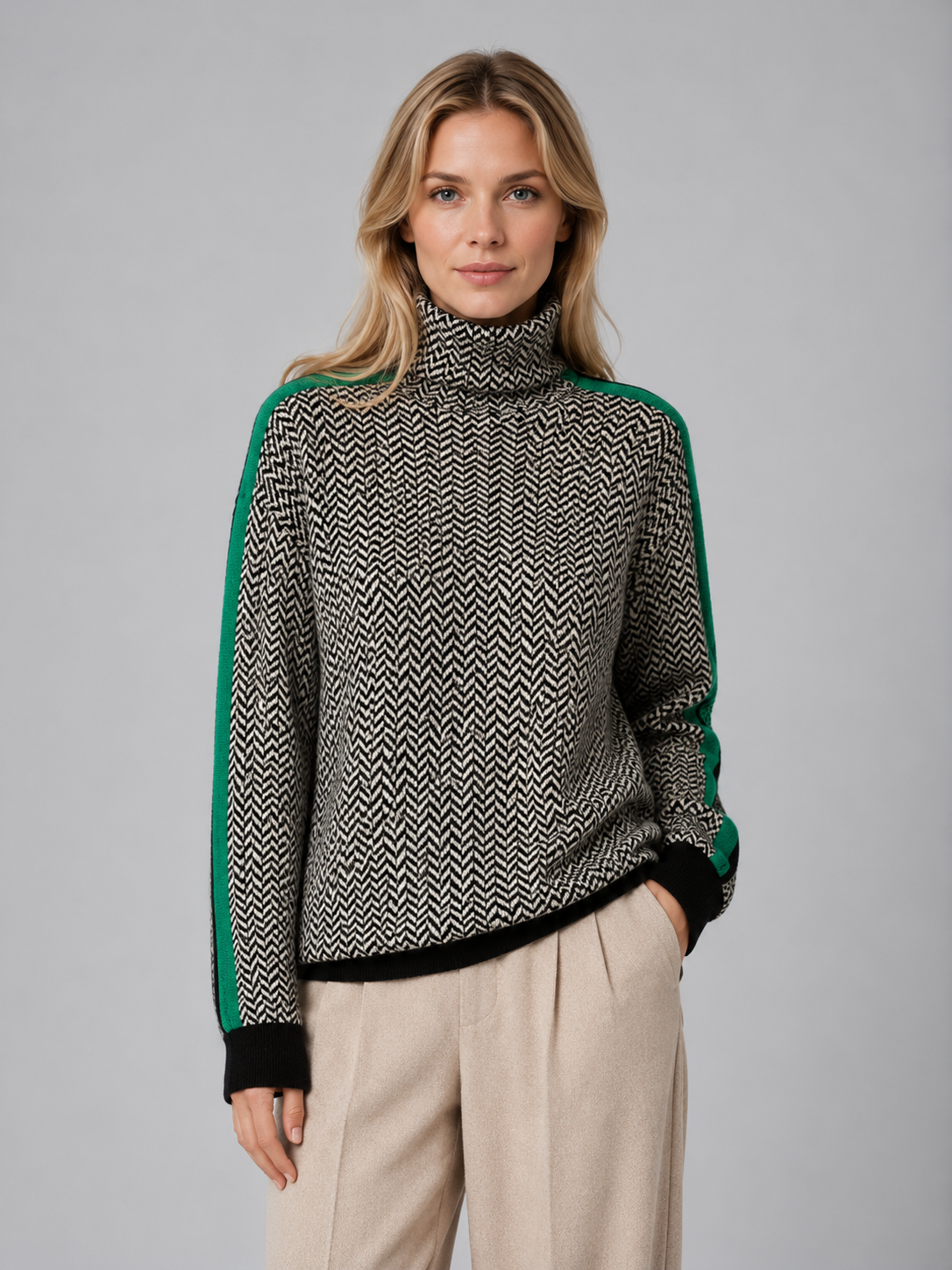 Herringbone Turtleneck Jumper – Soft Knit High Neck Sweater