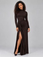 High Neck Ruched Maxi Dress – Long Sleeve Split Evening Gown