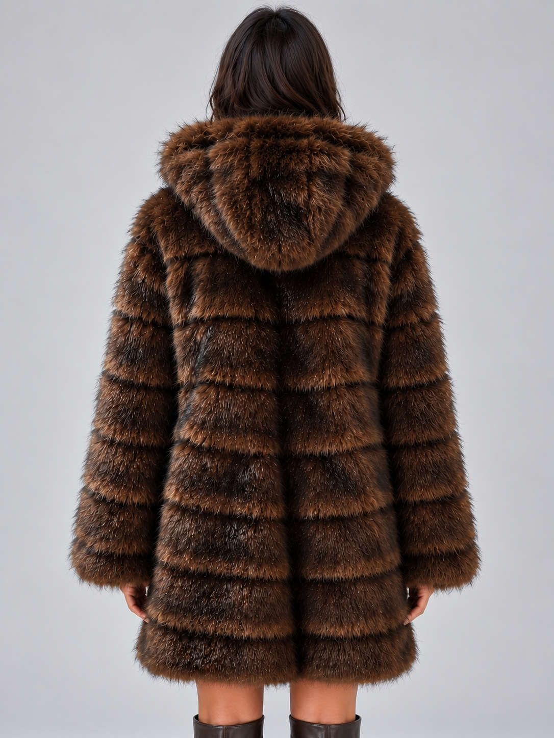 Hooded Faux Fur Coat – Plush Panelled Winter Jacket