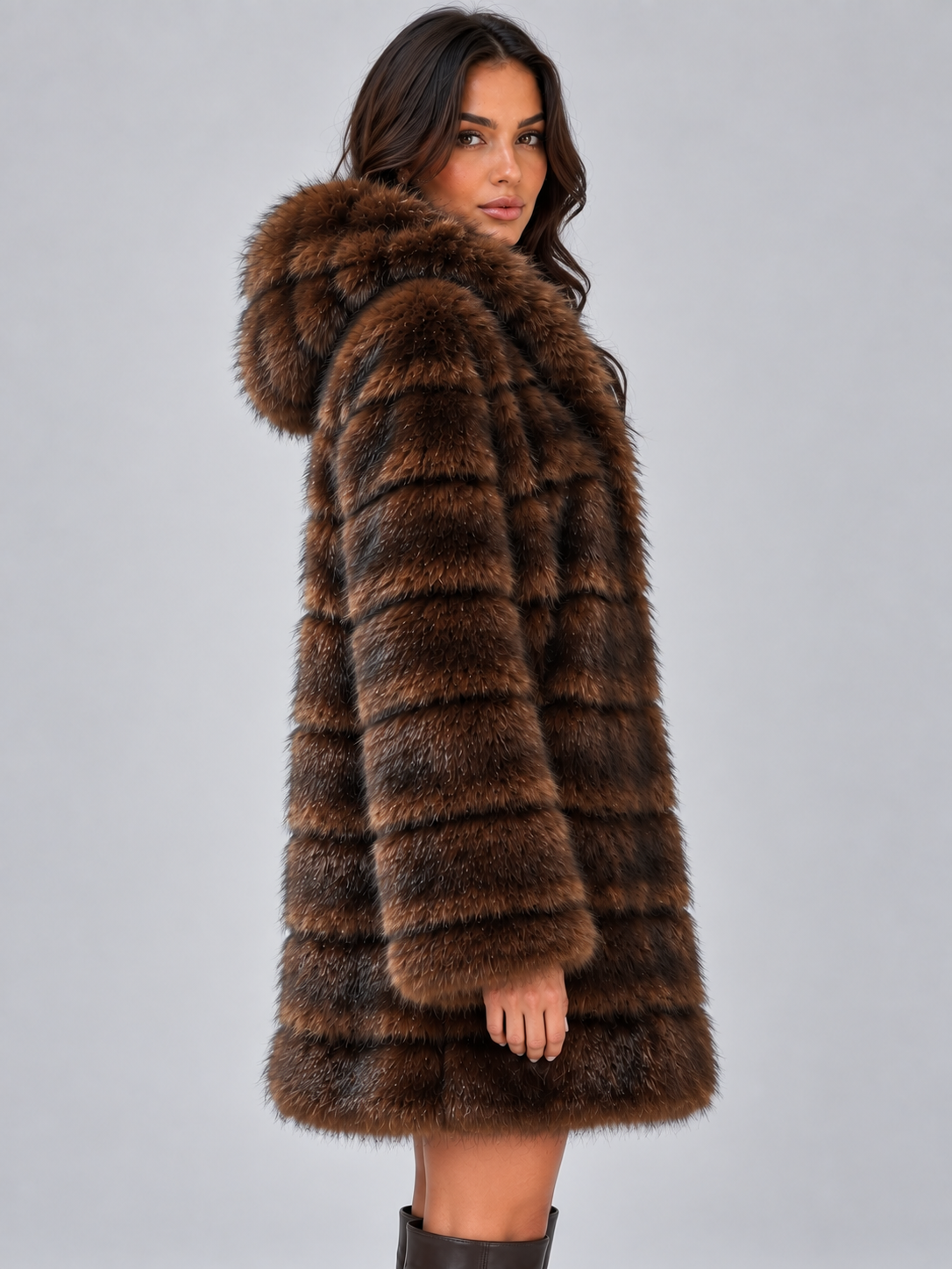 Hooded Faux Fur Coat – Plush Panelled Winter Jacket