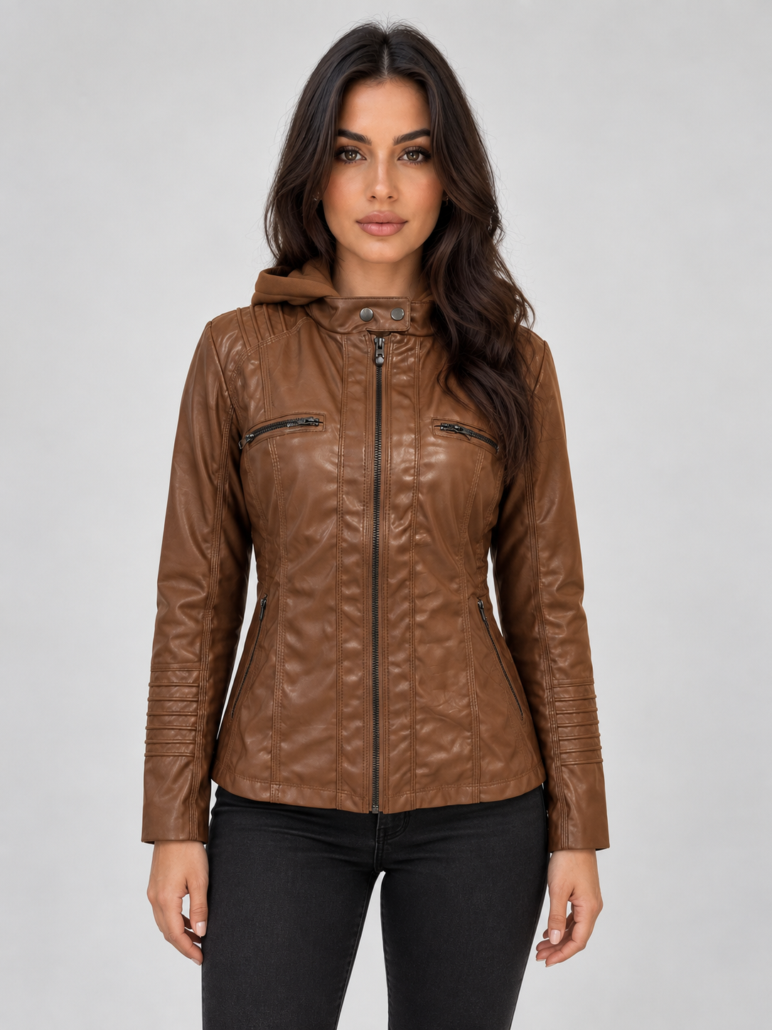 Hooded Leather Biker Jacket – Fitted Zip-Up Coat
