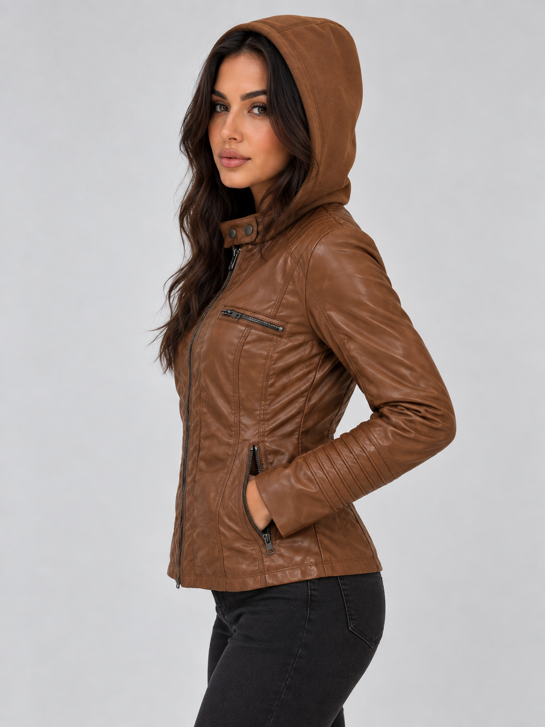 Hooded Leather Biker Jacket – Fitted Zip-Up Coat