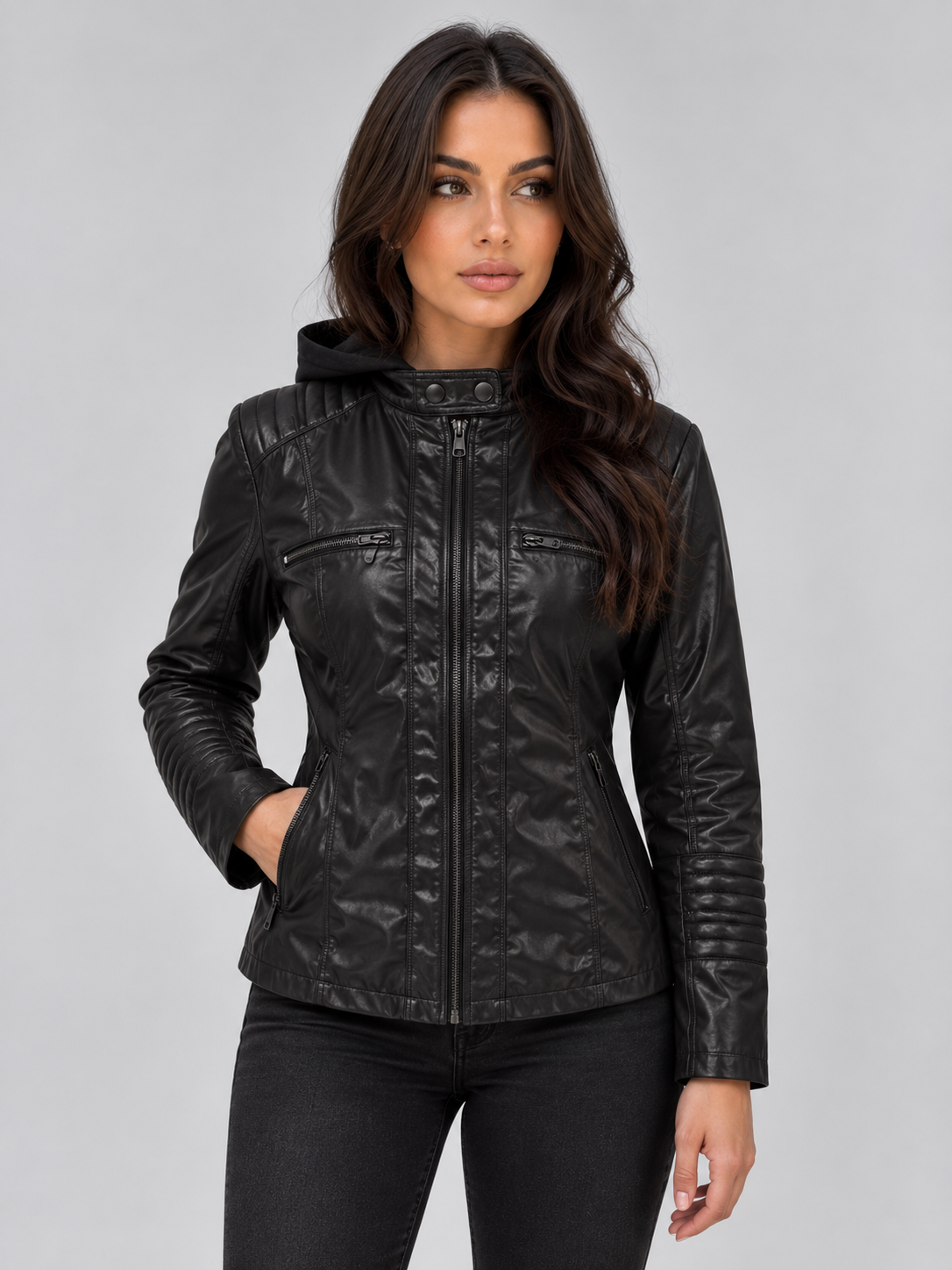 Hooded Leather Biker Jacket – Fitted Zip-Up Coat