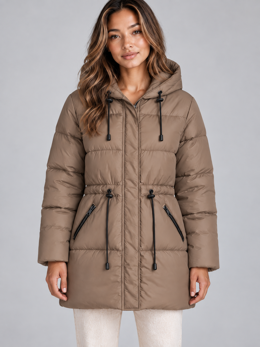 Hooded Puffer Jacket – Drawstring Waist Quilted Winter Coat