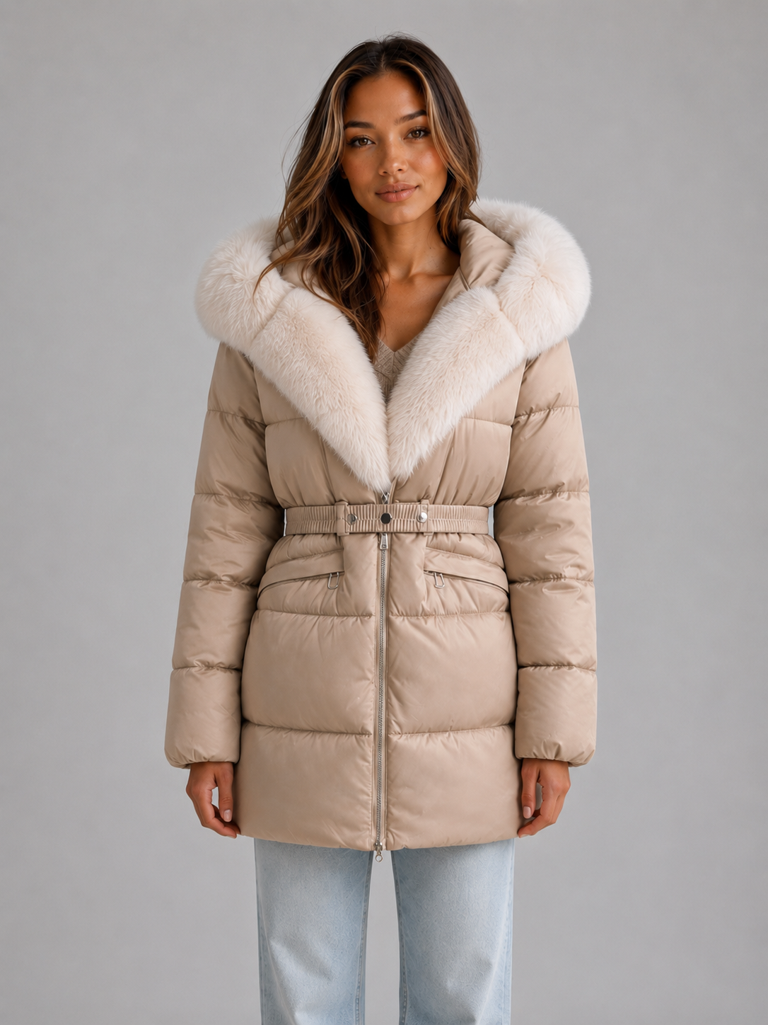 Hooded Puffer Jacket – Faux Fur Trim Belted Winter Coat