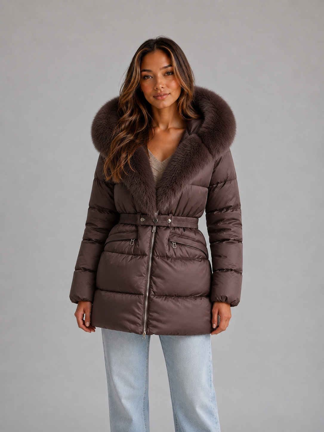 Hooded Puffer Jacket – Faux Fur Trim Belted Winter Coat