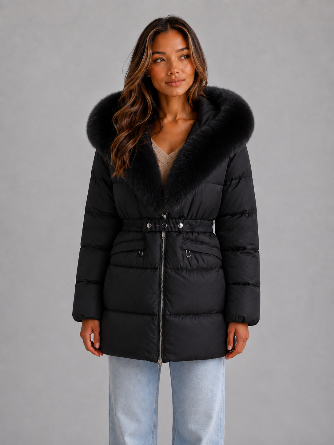 Hooded Puffer Jacket – Faux Fur Trim Belted Winter Coat