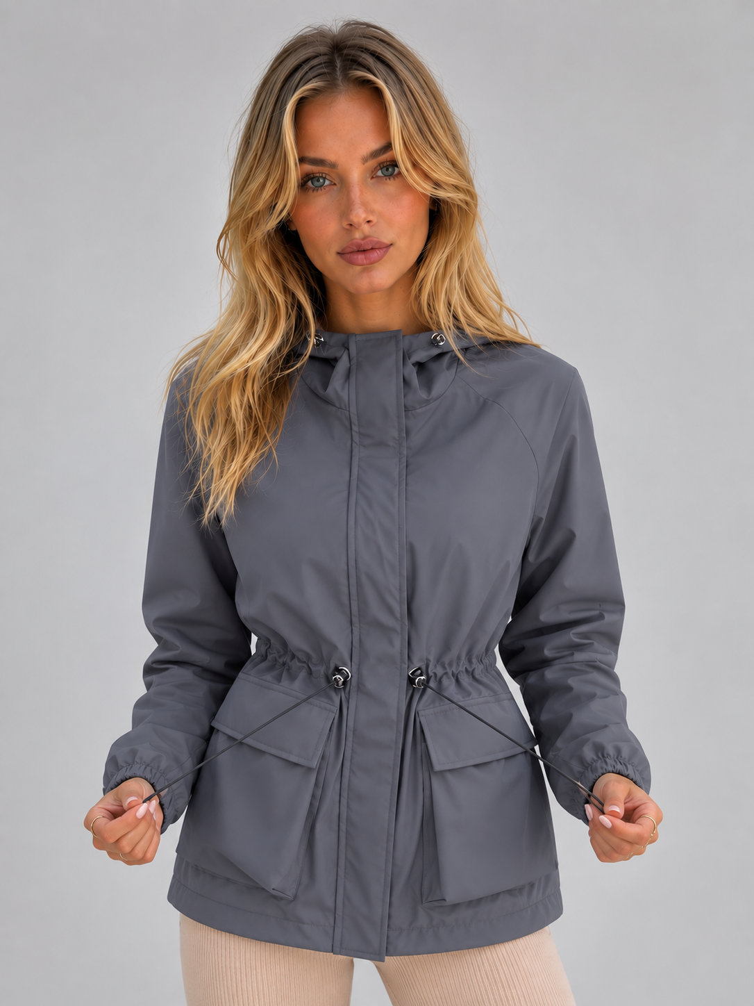 Hooded Rain Jacket – Water & Wind Resistant Drawstring Coat