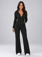 Hooded Ribbed Knit Co-Ord Set – Full Zip Top & Flared Trousers
