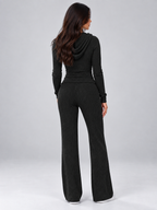 Hooded Ribbed Knit Co-Ord Set – Full Zip Top & Flared Trousers