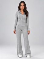 Hooded Ribbed Knit Co-Ord Set – Full Zip Top & Flared Trousers