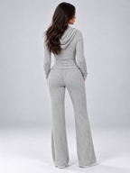 Hooded Ribbed Knit Co-Ord Set – Full Zip Top & Flared Trousers