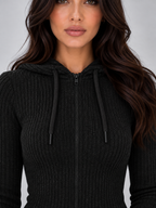 Hooded Ribbed Knit Co-Ord Set – Full Zip Top & Flared Trousers