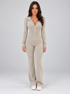 Hooded Ribbed Knit Two-Piece Lounge Set – Full Zip Top & Flared Trousers