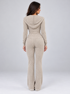 Hooded Ribbed Knit Two-Piece Lounge Set – Full Zip Top & Flared Trousers