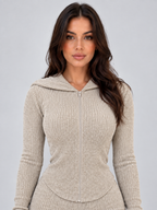 Hooded Ribbed Knit Two-Piece Lounge Set – Full Zip Top & Flared Trousers