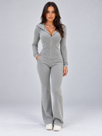Hooded Ribbed Knit Two-Piece Lounge Set – Full Zip Top & Flared Trousers